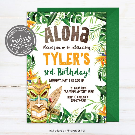 EDITABLE Tiki Aloha Tropical Birthday Party Invitation, Hawaiian Boy Birthday Invitation, Luau Beach Party Digital Printable Invite Il_570xn