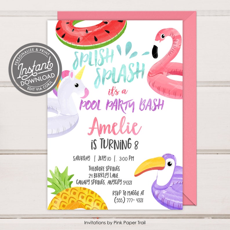 EDITABLE Pool Party Bash Birthday Invitation, Summer Tropical Pool Party Pool Floaters Girl Party, Instant Access Print Your Own image 1