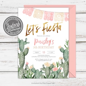 EDITABLE Let's Fiesta Birthday Invitation, Cactus Succulent Fiesta Party Any Age Birthday Invitation Instant Download