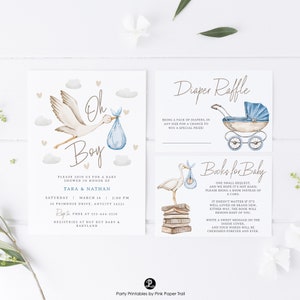 Baby Shower Invitation Suite, Baby Boy Stork Baby Shower Invite with Books for Baby and Diaper Raffle Card Instant Editable Template