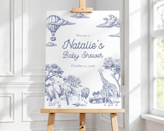 Editable Dusty Blue Toile De Jouy Safari Baby Shower Welcome Sign, for Baby Boy Shower Editable Decor Sign, Instant Download, Corjl Template