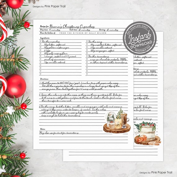Editable Christmas Recipe Page Template Card, Watercolor Rustic Christmas Holiday Recipe Page Template PDF Instant Download Printable V.3 Il_570xn