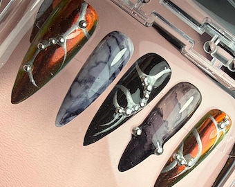 Handmade Gothic Cybersigilism Nails | Holographic Chrome Marble Design | Silver Metallic Press On Nails | Futuristic Witchcore Aesthetic