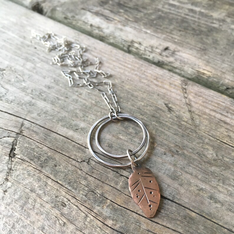 Rustic Leaf Necklace\u2014Copper Stamped Leaf\u2014Long Sterling Silver Rectangle Link Chain\u2014Ready-to-Ship