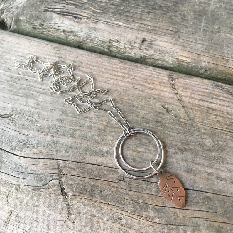 Rustic Leaf Necklace\u2014Copper Stamped Leaf\u2014Long Sterling Silver Rectangle Link Chain\u2014Ready-to-Ship