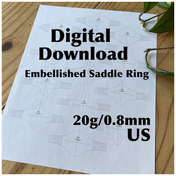 Ring Blank Template—US Sizes—20g/0.8mm—Embellished Saddle Ring—Metalsmith—Printable PDF Template—Digital Download