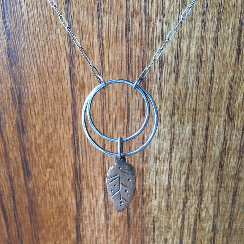 Rustic Leaf Necklace\u2014Copper Stamped Leaf\u2014Long Sterling Silver Rectangle Link Chain\u2014Ready-to-Ship