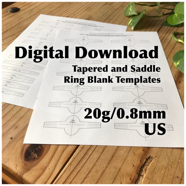 Ring Blank Template—US Sizes—20g/0.8mm—Saddle Ring and Tapered Band Template—Metalsmith—Printable PDF Template—Digital Download