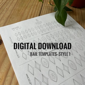 May include: A printable digital download sheet with various bail templates for jewellery making. The sheet includes different sizes of bail shapes, labelled with measurements in inches and millimetres. The text "Bail Templates - Style 1" is printed at the bottom of the sheet.