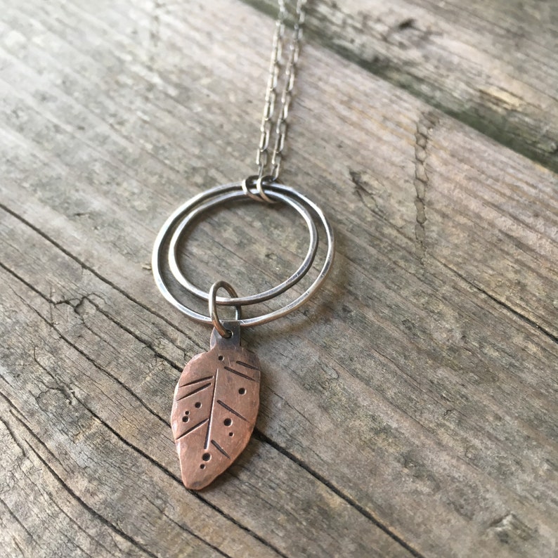 Rustic Leaf Necklace\u2014Copper Stamped Leaf\u2014Long Sterling Silver Rectangle Link Chain\u2014Ready-to-Ship