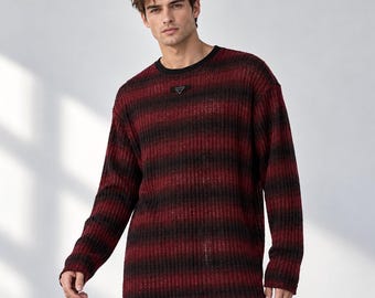 Jersey de punto holgado a rayas para hombre / Top estilo streetwear con detalle de hebilla metálica / Top informal de invierno para combinar en capas