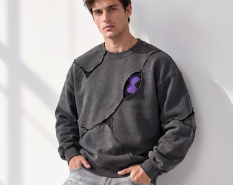 Men Oversized Patchwork Sweatshirt | Distressed Crewneck Pullover Top | Loose Fit Streetwear Shirt