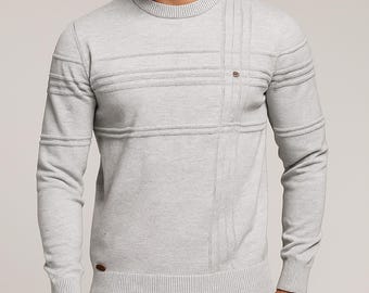 Suéter de punto con rayas texturizadas para hombre - Manga larga, cuello redondo y mezcla de algodón