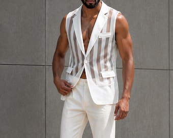 Chaleco de malla transparente de moda para hombre / Blazer sin mangas estilo rayas / Idea de atuendo urbano elegante para fiestas