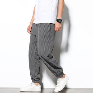 Men&#39;s Striped Cotton Jogger Pants: Casual Hippie Streetwear