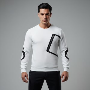 May include: White textured crew neck sweatshirt with black detailing. Features a black zip pocket and black accents on the sleeves. The model is wearing black trousers. A modern, stylish top.