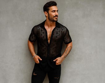 Men's Geometric Lace Mesh Shirt – Semi-Sheer Festival Top
