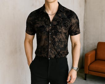 Camisa de satén floral para hombre: manga corta con botones