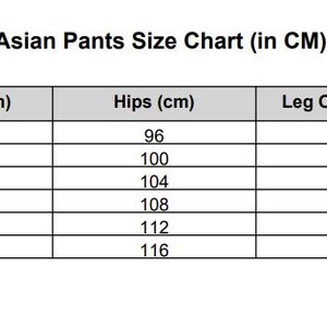 May include: An Asian pants size chart in centimetres. The chart includes sizes S to 3XL, with corresponding waistline, hips, leg opening, and length measurements in centimetres. The chart is in a table format.
