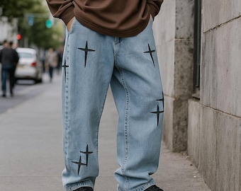 Men's Cross Print Baggy Jeans | Y2K Wide Leg Denim