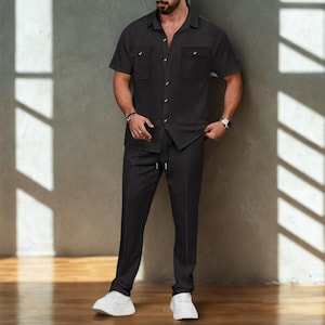 Men&#39;s Summer Two-Piece Set: Short Sleeve Shirt & Lounge Pants
