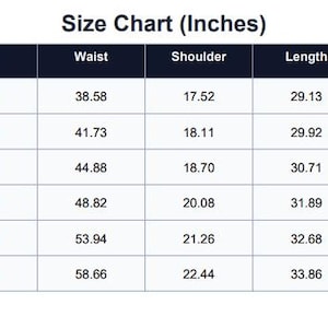 May include: A size chart in inches, with measurements for bust, waist, shoulder, length, and sleeve length. Sizes range from S to 3XL, with corresponding measurements in inches for each size. The chart is on a white background.