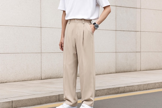 Men's Wide Leg Trousers: High-waisted Beige Dress Pants