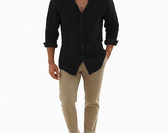 Men's Black Cotton Mandarin Collar Shirt: Relaxed Fit Long Sleeve