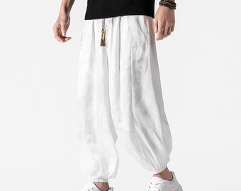 Dragon Jacquard Harem Pants: Men's Samurai Drop-Crotch Trousers