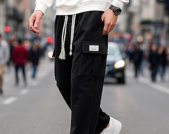 Męskie spodnie dresowe cargo | Szerokie bawełniane spodnie dresowe | Spodnie z wieloma kieszeniami i ściągaczem | Luźny krój streetwear