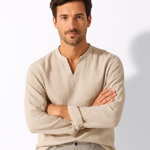 Men&#39;s Linen Long Sleeve Shirt: Relaxed Fit V-Neck - Summer Essential