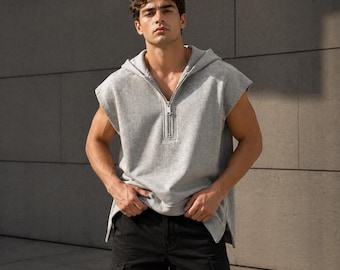 Camiseta sin mangas con capucha para hombre / Camiseta sin mangas con cremallera para verano / Camiseta informal de estilo urbano de corte holgado