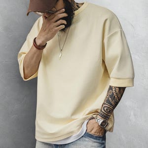 Men&#39;s Beige Oversized T-Shirt: Cotton Blend, Drop Shoulder Tee