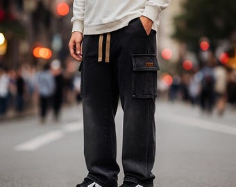 Men's Wide Leg Washed Cargo Jeans | Streetwear Denim Trousers
