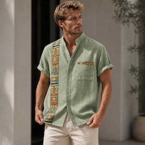 Men Ethnic Style Button Down Shirt | Short Sleeve Tribal Pattern Casual Cotton Top | Summer Casual & Beach Wear