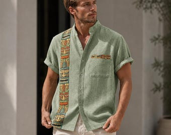 Camisa de hombre de estilo étnico con botones / Camiseta informal de algodón de manga corta con estampado tribal / Ropa informal de verano y de playa