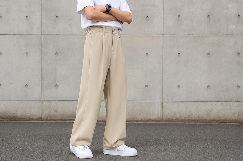 May include: A person wearing a white t-shirt and beige wide-leg pants. The pants have a pleated front and a relaxed fit. The person is also wearing white sneakers and a watch.