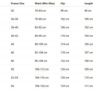 May include: A white chart with black text detailing clothing sizes. The chart includes sizes M(28) to 8XL(44), with corresponding RU, France sizes, waist measurements in centimeters, hip measurements in centimeters, length in centimeters, and recommended weight in kilograms.