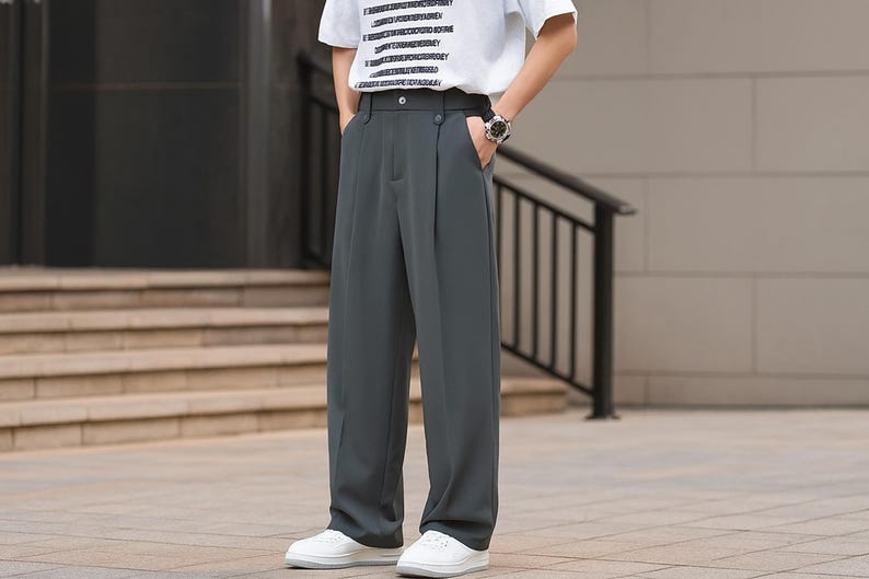 May include: Dark gray wide-leg trousers with a button closure and pockets. The pants are paired with white sneakers and a white t-shirt. The outfit is casual and stylish, suitable for everyday wear.