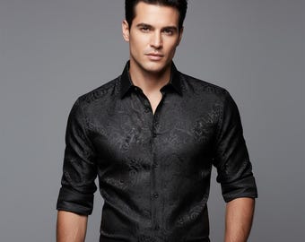 Camisa de vestir de seda con estampado paisley para hombre, elegante camisa de esmoquin informal, moderna camiseta de manga larga para eventos sociales.