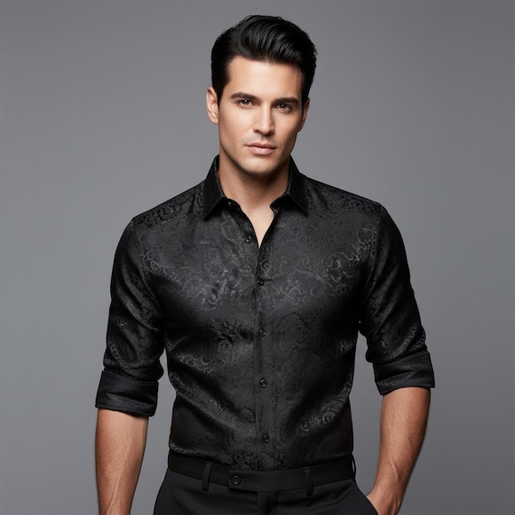 Paisley Men Silk Dress Shirt | Elegant Casual Tuxedo Shirt | Trendy Long Sleeve Social Top