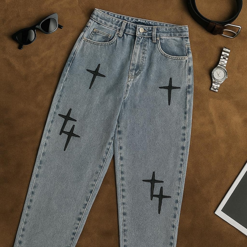 May include: Pale blue denim jeans featuring black cross and stylized plus sign embroidery. The jeans have a classic five-pocket design and a straight leg fit. Accessories include sunglasses, a watch, and a belt.