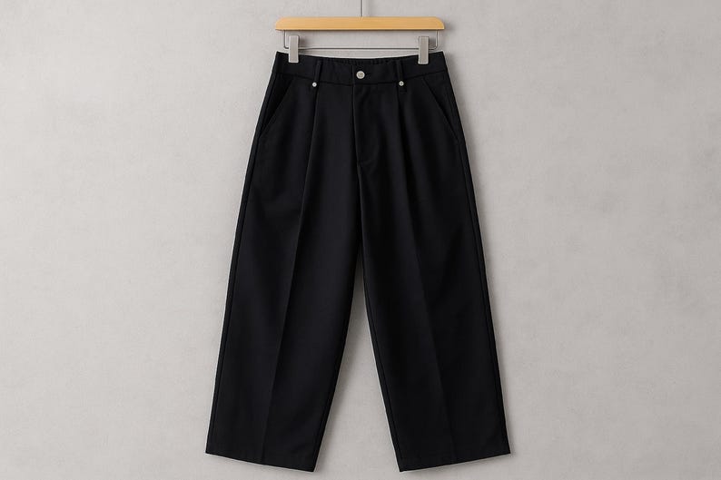 May include: Black wide-leg pants hanging on a wooden hanger. The pants have a high waist, pleats, and side pockets. The fabric appears to be a smooth, solid material. The pants are a classic, versatile garment.