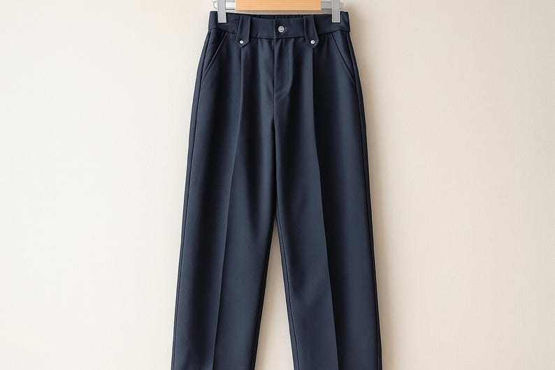 May include: Navy blue trousers hanging on a hanger. The pants have a high waist, a button closure, and two front pockets. The fabric appears to be a smooth, solid color. The trousers are a classic style, suitable for various occasions.