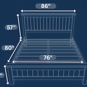 May include: Blueprint-style illustration of a wooden bed frame. The headboard is 86 inches wide, the height is 57 inches, and the length is 80 inches. The footboard is 76 inches wide and 24 inches high. The bed frame is dark blue.