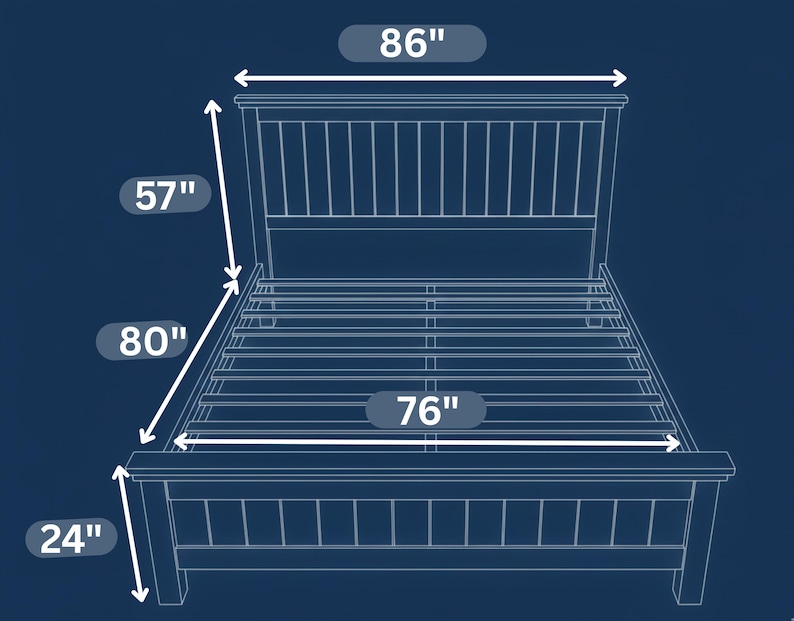 May include: Blueprint-style illustration of a wooden bed frame. The headboard is 86 inches wide, the height is 57 inches, and the length is 80 inches. The footboard is 76 inches wide and 24 inches high. The bed frame is dark blue.
