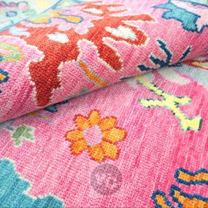 Handmade Pink Oushak Rug: Colorful Floral Turkish Carpet, 8x10 Wool Area Rug