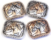 Four 2 Hole Slider Beads Horse Head Antiqued Tri Color Stamped Design Rope Frame Pony Western Equestrian Ranch Cowboy Cowgirl Farm Beads