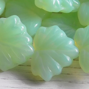 12 - 13x11mm Czech Glass Maple Leaf Beads Translucent Milky Lt. Green Opal, Leaves Floral Plants Trees Fall Autumn Garden Botanical Seasonal