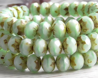 12 - 8x6mm Czech Opaque Spearmint Green & Brown Picasso Faceted Fire Polished Donut Rondelle Glass Beads, Czech Spacer Bead